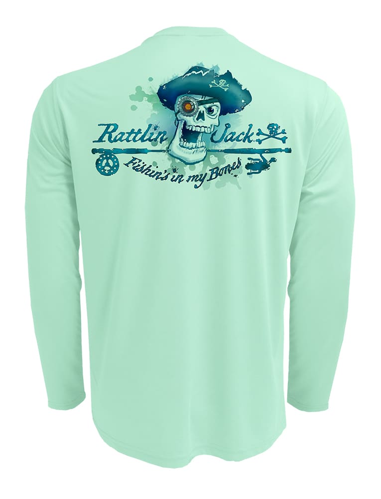 Rattlin-Jack-Skull-Logo-Fishing-Shirt-UPF-50-Mens-Dry-Fit Back view in Teal