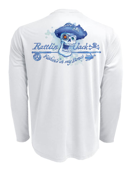 Rattlin-Jack-Skull-Logo-Fishing-Shirt-UPF-50-Mens-Dry-Fit Back view in White