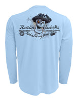 Rattlin-Jack-Skull-Logo-Grey-Ink-Fishing-Shirt-Mens Back View in Blue