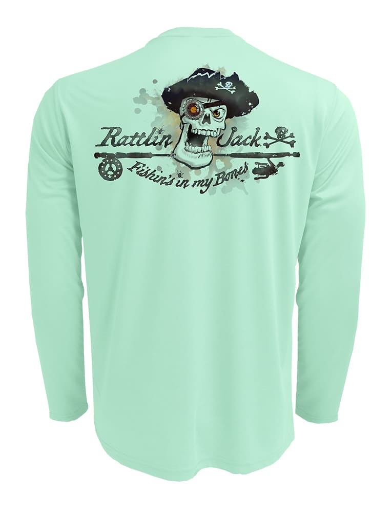 Rattlin-Jack-Skull-Logo-Grey-Ink-Fishing-Shirt-Mens Back View in Teal