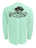 Rattlin-Jack-Skull-Logo-Grey-Ink-Fishing-Shirt-Mens Back View in Teal