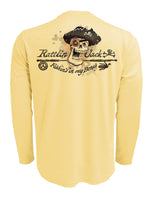 Rattlin-Jack-Skull-Logo-Grey-Ink-Fishing-Shirt-Mens Back View in Yellow