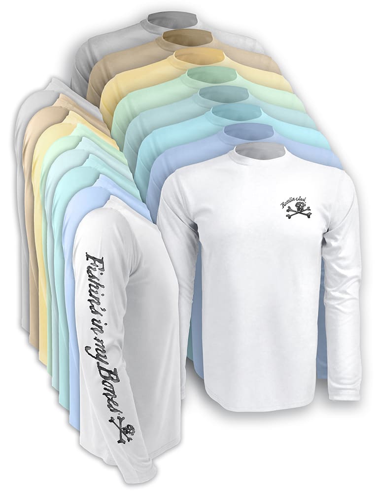 All available colors in this listing of Rattlin-Jack-Skull-Logo-Grey-Ink-Fishing-Shirt-Mens has the Rattlin Jack Graphic logo on left chest and Fishin's in my Bones on right sleeve both in Grey ink color.