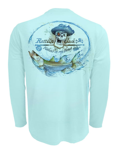 Rattlin-Jack-Skull-Logo-Snook-Fishing-Shirt-Mens-UV Back View in Lt.Blue