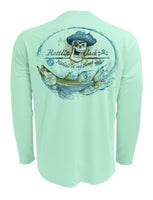 Rattlin-Jack-Skull-Logo-Snook-Fishing-Shirt-Mens-UV Back View in Teal
