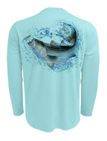 Rattlin-Jack-Striped-Bass-UV-Fishing-Shirt-Mens Back View in Aqua