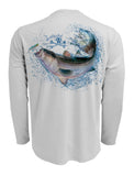 Rattlin-Jack-Striped-Bass-UV-Fishing-Shirt-Mens Back View in Grey