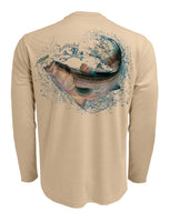 Rattlin-Jack-Striped-Bass-UV-Fishing-Shirt-Mens Back View in Tan