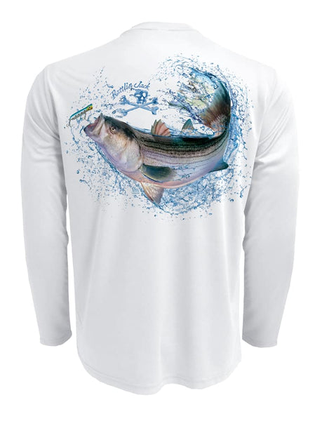 Rattlin-Jack-Striped-Bass-UV-Fishing-Shirt-Mens Back View in White