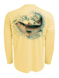 Rattlin-Jack-Striped-Bass-UV-Fishing-Shirt-Mens Back View in Yellow