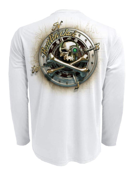 Rattlin-Jack-Sun-protection-fishing-Compass-Metal-Shirt Back shown in white