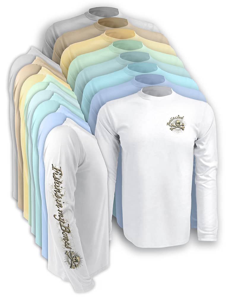 All available colors in this listing of Rattlin-Jack-Sun-protection-shirt-compass-bone has the Rattlin Jack bone logo on left chest and Fishins in My Bones on right sleeve.