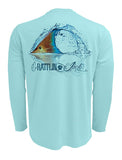 Rattlin-Jack-Tailing-Redfish-UV-Fishing-Shirt-Mens Back View in Aqua