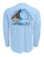 Rattlin-Jack-Tailing-Redfish-UV-Fishing-Shirt-Mens Back View in Blue