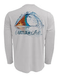 Rattlin-Jack-Tailing-Redfish-UV-Fishing-Shirt-Mens Back View in Grey