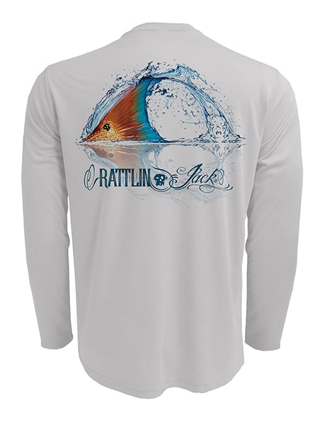 Men's Tailing Redfish UV Fishing Shirt by Rattlin Jack | Long Sleeve | UPF 50 Sun Protection | Performance Polyester Rash Guard | M / Grey