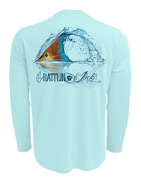 Men's Tailing Redfish UV Fishing Shirt by Rattlin Jack | Long Sleeve | UPF 50 Sun Protection | Performance Polyester Rash Guard | 4XL / LT.BLUE
