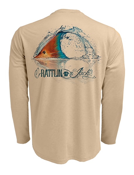 Men's Tailing Redfish UV Fishing Shirt by Rattlin Jack | Long Sleeve | UPF 50 Sun Protection | Performance Polyester Rash Guard | S / Tan