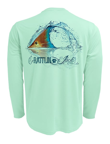 Rattlin-Jack-Tailing-Redfish-UV-Fishing-Shirt-Mens Back View in Teal