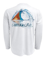 Men's Tailing Redfish UV Fishing Shirt by Rattlin Jack | Long Sleeve | UPF 50 Sun Protection | Performance Polyester Rash Guard | 5XL / White