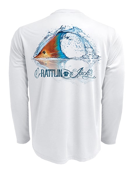 Rattlin-Jack-Tailing-Redfish-UV-Fishing-Shirt-Mens Back View in White