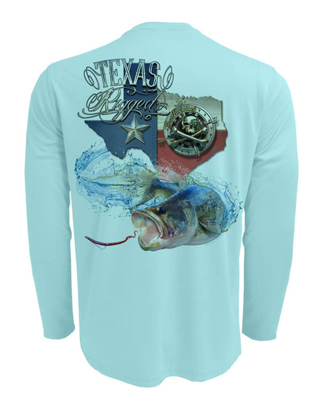 Men's Texas Rigged Bass UV Fishing Shirt by Rattlin Jack | Long Sleeve | UPF 50 Sun Protection | Performance Polyester Rash Guard | 3XL / LT.BLUE