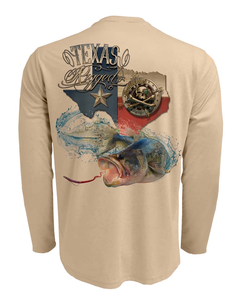 Rattlin-Jack-Texas-Rigged-Bass-UV-Fishing-Shirt-Mens Back View in Tan