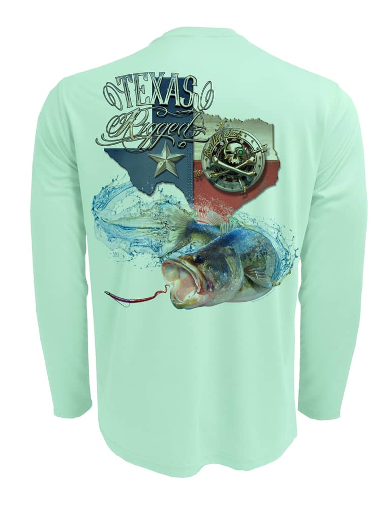 Rattlin-Jack-Texas-Rigged-Bass-UV-Fishing-Shirt-Mens Back View in Teal