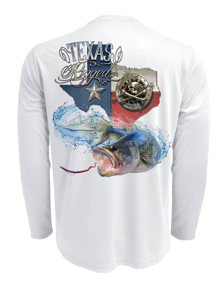 Rattlin-Jack-Texas-Rigged-Bass-UV-Fishing-Shirt-Mens Back View in White