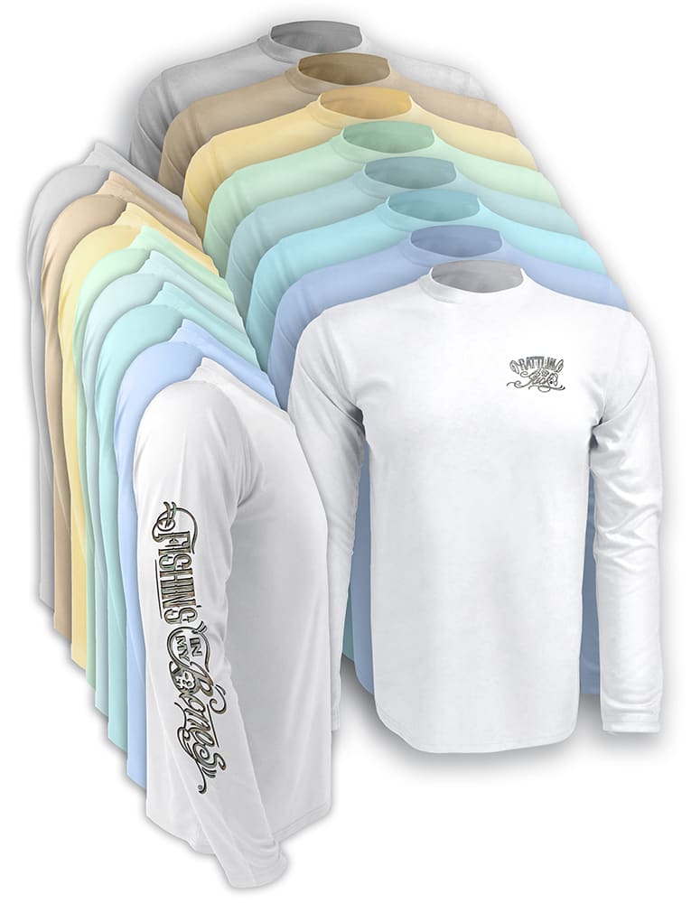 Available all colors in this listing of Rattlin-Jack-Texas-Rigged-Bass-UV-Fishing-Shirt-Mens has the Rattlin Jack water logo on left chest and Fishins in My Bones on right sleeve.