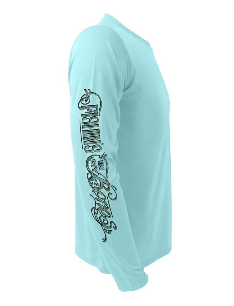 Right view in Aqua of the Rattlin-Jack-Texas-Rigged-Bass-UV-Fishing-Shirt-Mens