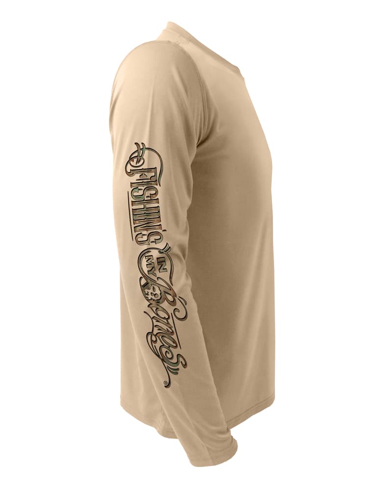 Right view in Tan of the Rattlin-Jack-Texas-Rigged-Bass-UV-Fishing-Shirt-Mens