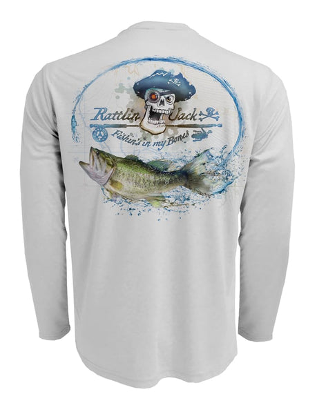 Men's UV Skull Logo Bass Fishing Shirt by Rattlin Jack | Long Sleeve | UPF 50 Sun Protection | Performance Polyester Rash Guard | XL / Grey