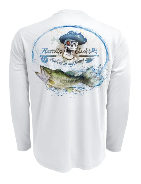 Rattlin-Jack-UV-Skull-Logo-Bass-Fishing-Shirt Back View In White