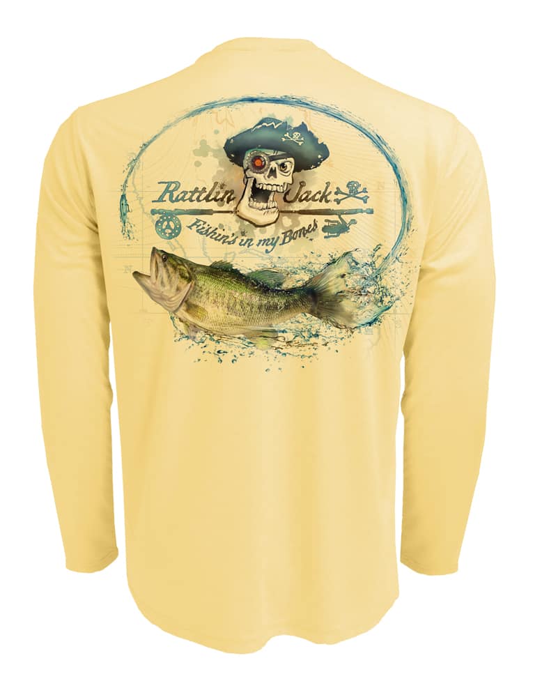 Rattlin-Jack-UV-Skull-Logo-Bass-Fishing-Shirt Back View In Yellow