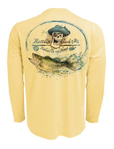 Men's UV Skull Logo Bass Fishing Shirt by Rattlin Jack | Long Sleeve | UPF 50 Sun Protection | Performance Polyester Rash Guard | XL / Yellow