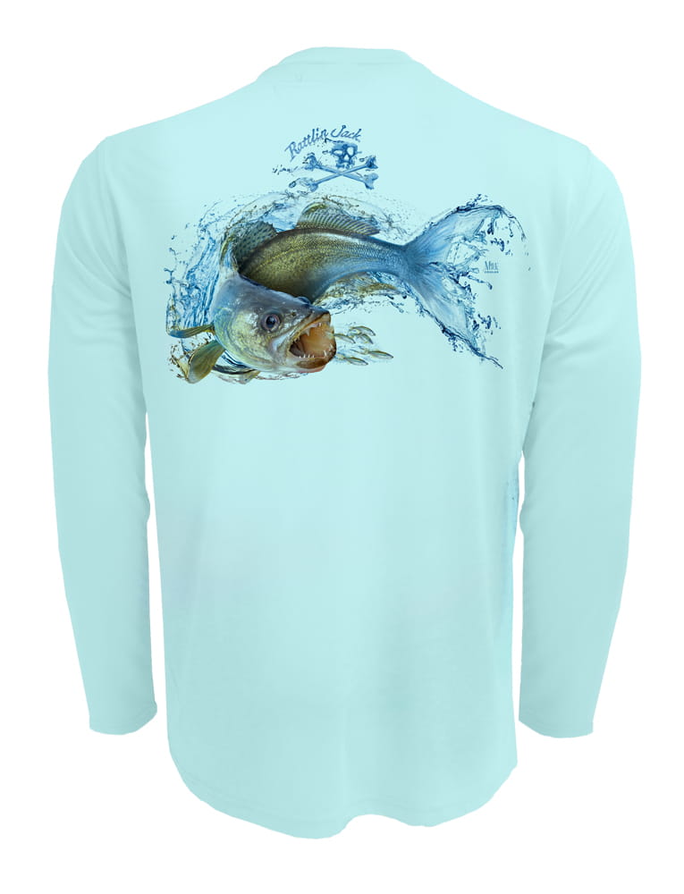 Rattlin-Jack-Walleye-UPF-50-Fishing-Shirt-Mens Back View in Lt.Blue