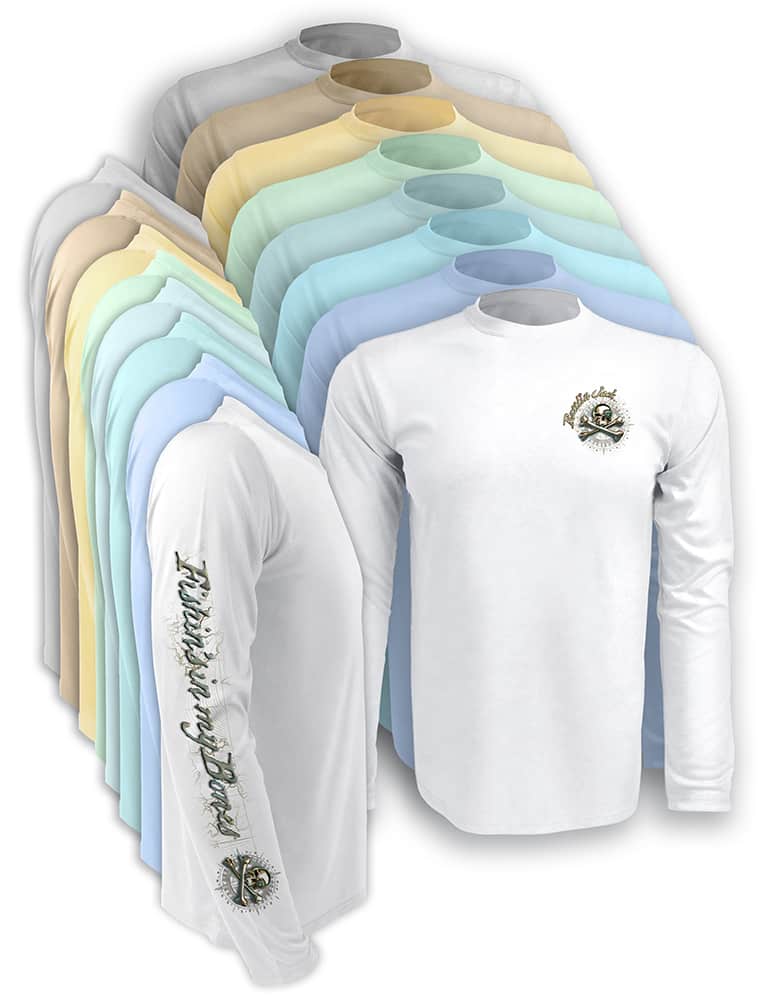 All available colors in this listing of Rattlin-Jack-Sun-protection-fishing-Compass-Metal-Shirt has the Rattlin Jack metal logo on left chest and Fishins in My Bones on right sleeve.