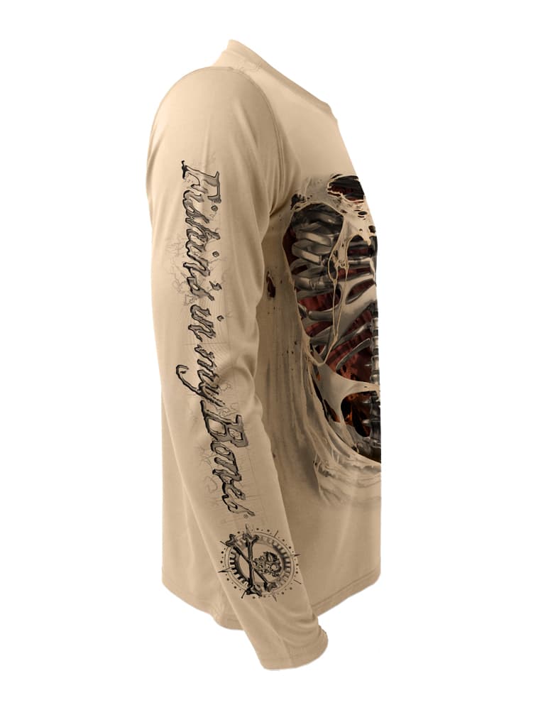 Skeleton-Steel-Bones-Fishing-Shirt-Mens-UV-Sun-Protection Right Side View in Tan on the Rattlin-Jack-Skeleton-Steel-Bones-Fishing-Shirt-Mens