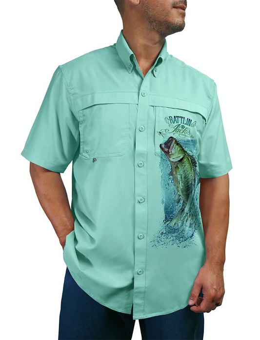 Men's Tail Walking Bass Button Down Sun Shirt by Rattlin Jack | UV Lightweight Fabric with Short Sleeves and Vented Back