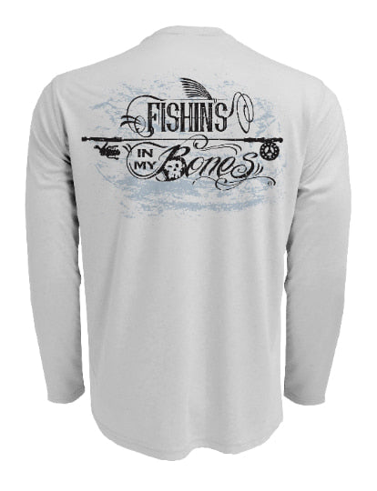 Tattoo-Style-Sun-Block-Fishing-Shirt Back view in Grey