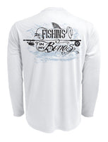 Tattoo-Style-Sun-Block-Fishing-Shirt Back view in White