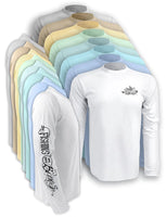 All available colors in this listing of Tattoo-Style-Sun-Block-Fishing-Shirt has Fishin's in My Bones on right sleeve and left chest in the same tattoo script.