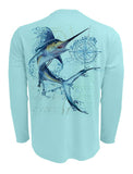 Water-Marlin-Fishing-Shirt-UV-Mens-Long-Sleeve Back View in Aqua on the Water-Marlin-Fishing-Shirt-UV-Mens-Long-Sleeve
