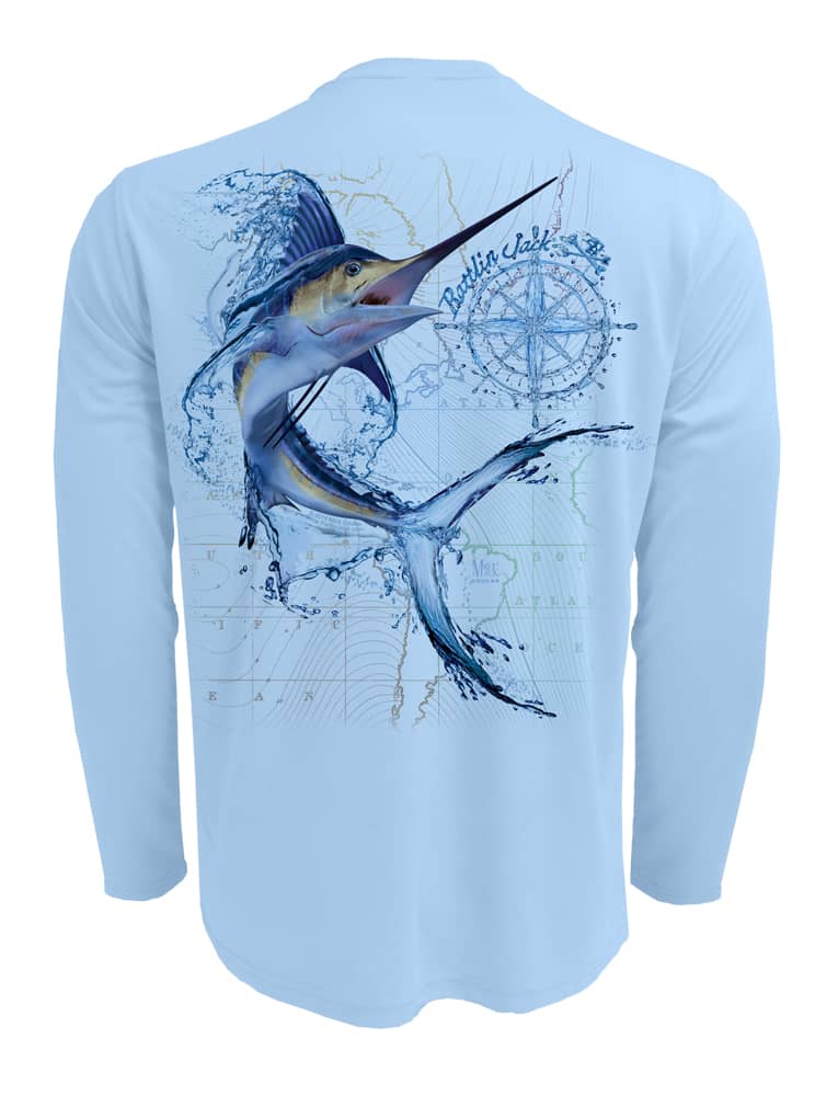 Water-Marlin-Fishing-Shirt-UV-Mens-Long-Sleeve Back View in Blue on the Water-Marlin-Fishing-Shirt-UV-Mens-Long-Sleeve