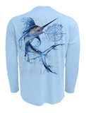 Water-Marlin-Fishing-Shirt-UV-Mens-Long-Sleeve Back View in Blue on the Water-Marlin-Fishing-Shirt-UV-Mens-Long-Sleeve