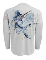 Water-Marlin-Fishing-Shirt-UV-Mens-Long-Sleeve Back View in Grey on the Water-Marlin-Fishing-Shirt-UV-Mens-Long-Sleeve