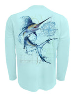 Water-Marlin-Fishing-Shirt-UV-Mens-Long-Sleeve Back View in Lt.Blue on the Water-Marlin-Fishing-Shirt-UV-Mens-Long-Sleeve
