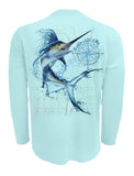 Water-Marlin-Fishing-Shirt-UV-Mens-Long-Sleeve Back View in Lt.Blue on the Water-Marlin-Fishing-Shirt-UV-Mens-Long-Sleeve
