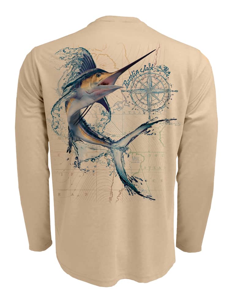 Water-Marlin-Fishing-Shirt-UV-Mens-Long-Sleeve Back View in Tan on the Water-Marlin-Fishing-Shirt-UV-Mens-Long-Sleeve